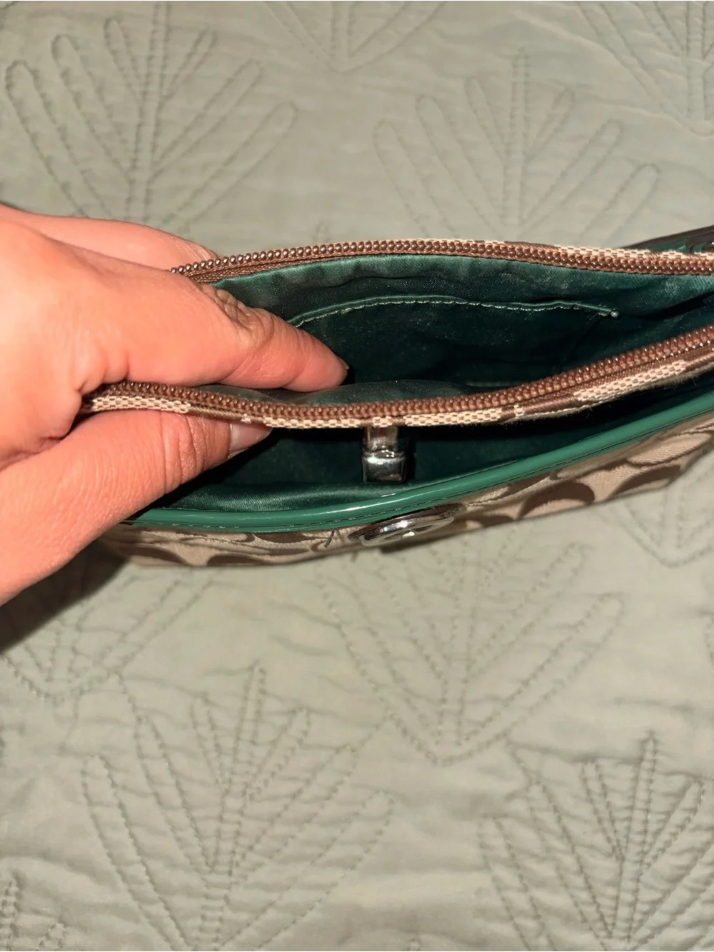 Coach Brown Signature Canvas Wristlet with Green Trim